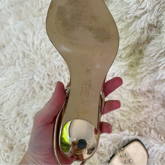 ZARA Golden metallic VINYL HIGH HEELED 3” SANDALS JEWELS SIZE USA 8 or 38 - Picture 6 of 9